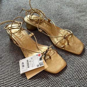 NWT ZARA Leather Gold Strappy Sandals